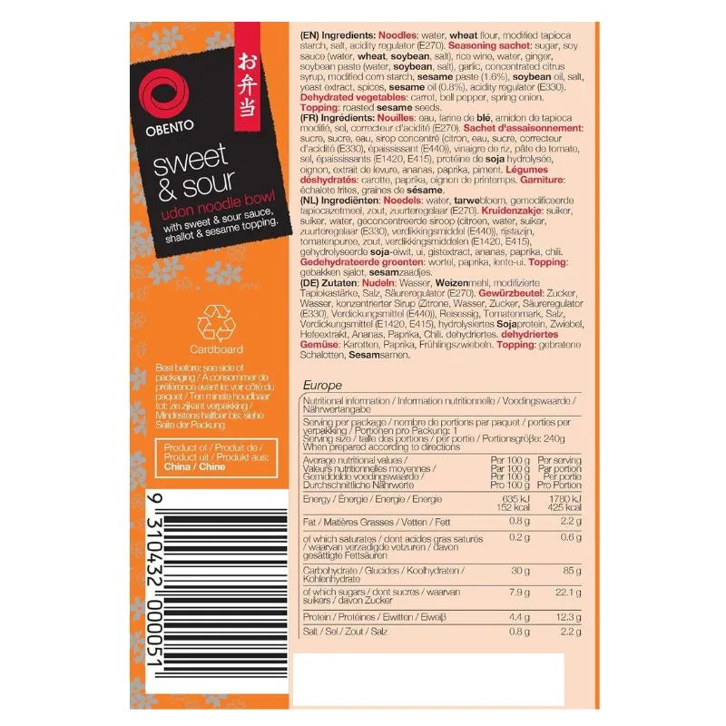 Best Before 10 Sept '25 - Obento Sweet & Sour Udon Noodle Bowl - 240g-Global Food Hub