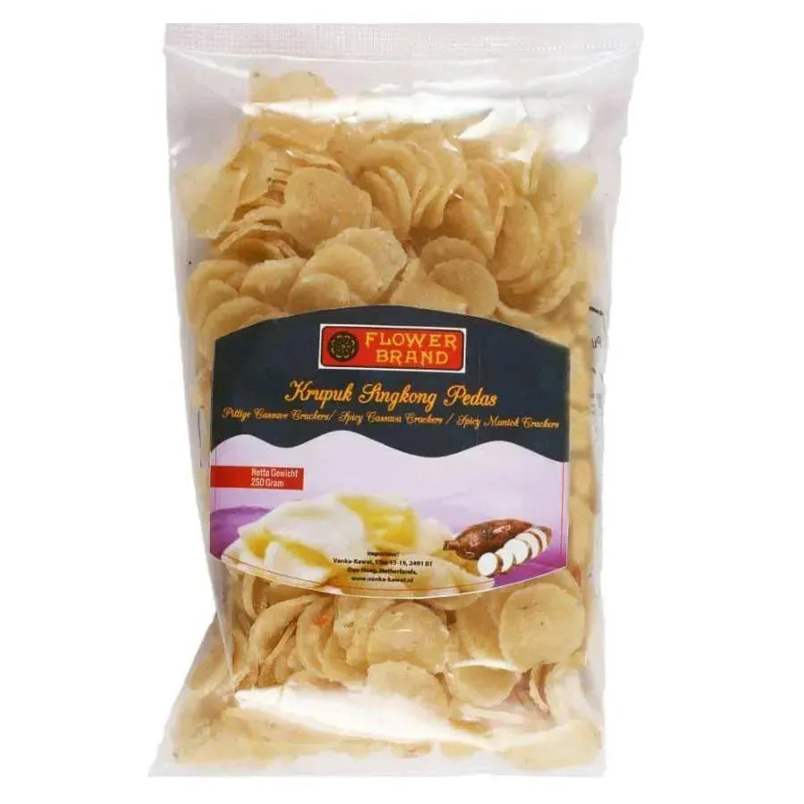 Best Before 31 Dec'25 Flower Brand Krupuk Cassave Singkong Pedas / Ongebakken - 250g-Global Food Hub