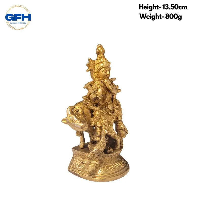 Brass Krishna With Cow Statue-Global Food Hub