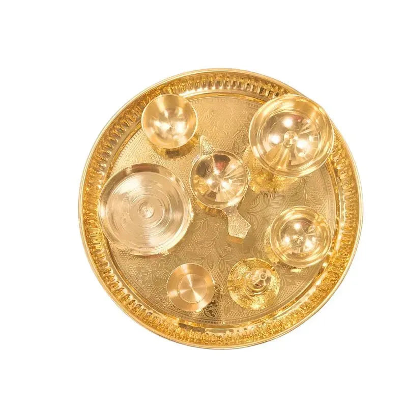 Brass Pooja Thali Set of 8 pcs 23 cm Diameter-Global Food Hub