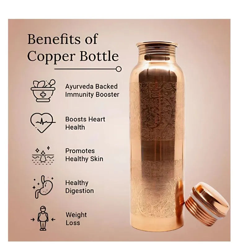 Copper Water Bottle Floral Etched – 900 ml-Global Food Hub