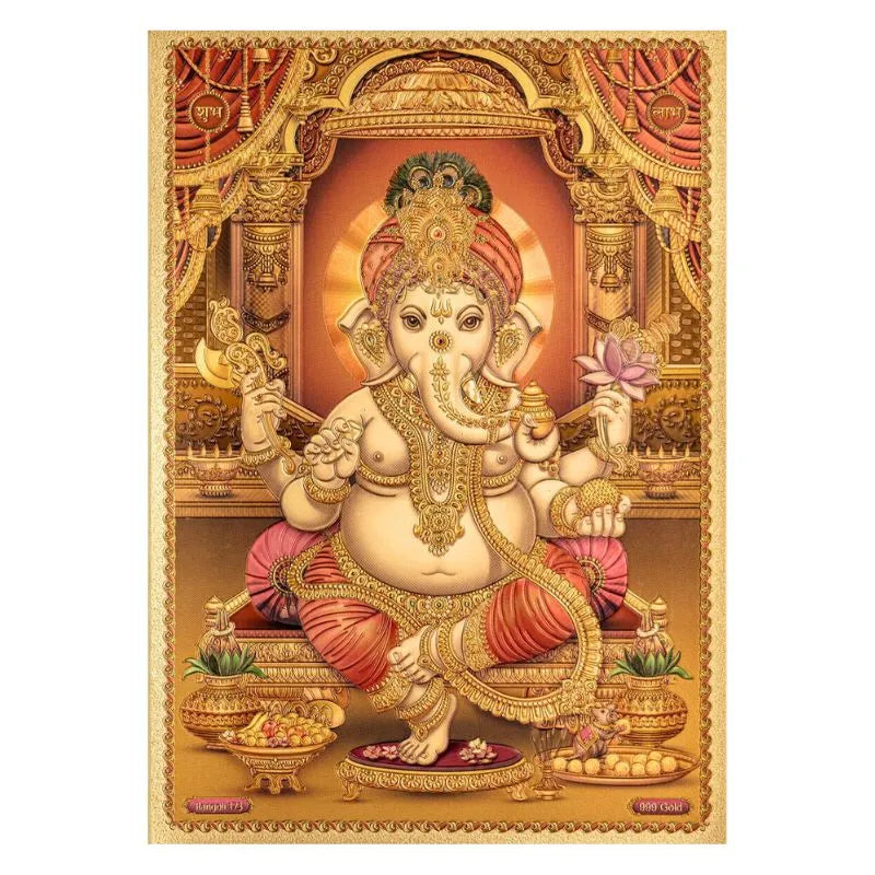 Ganesha Golden Gold Foil Unframed Art Work - 21cm x 30cm-Global Food Hub