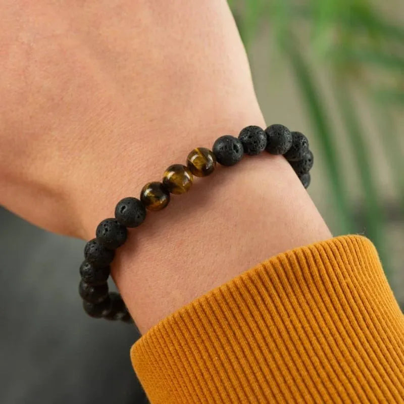 Gemstone Bracelet Men Large Tiger Eye & Lava Stone (8mm, 21 cm)-Global Food Hub