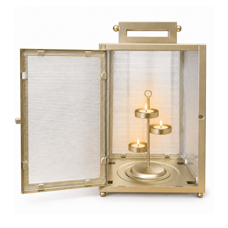 Gold Lantern Candle Holder with Handle – 3 Tealight Holders-Global Food Hub