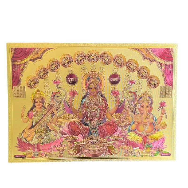Lakshmi Ganesh Saraswati Gold Foil Poster C - 21cm x 30cm-Global Food Hub