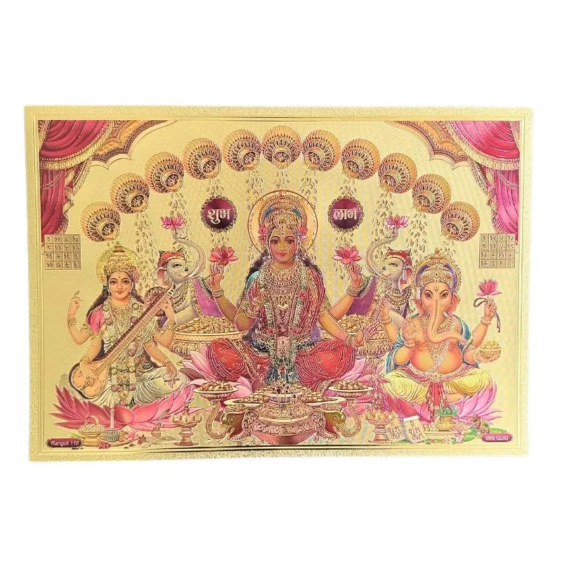 Lakshmi Ganesh Saraswati Gold Foil Poster C - 21cm x 30cm-Global Food Hub