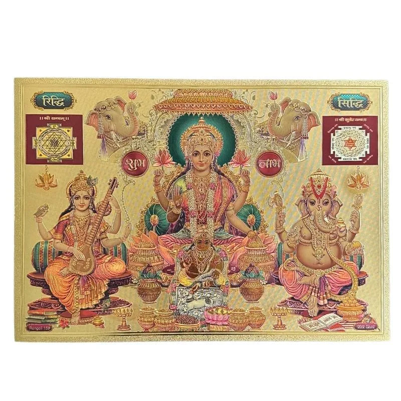 Lakshmi Ganesh Saraswati Gold Foil Unframed Art Work B - 21cm x 30cm-Global Food Hub