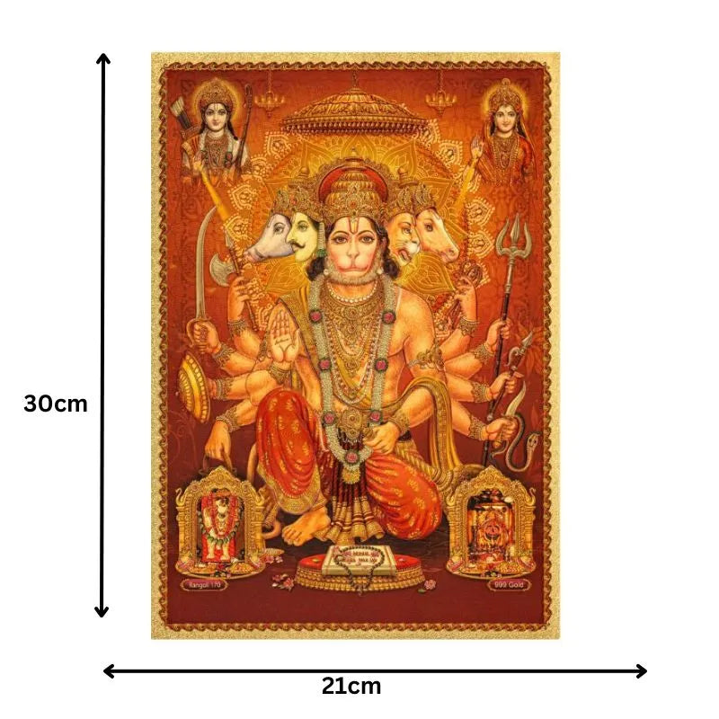 Panchmukhi Hanuman Gold Foil Unframed Art Work - 21cm x 30cm-Global Food Hub