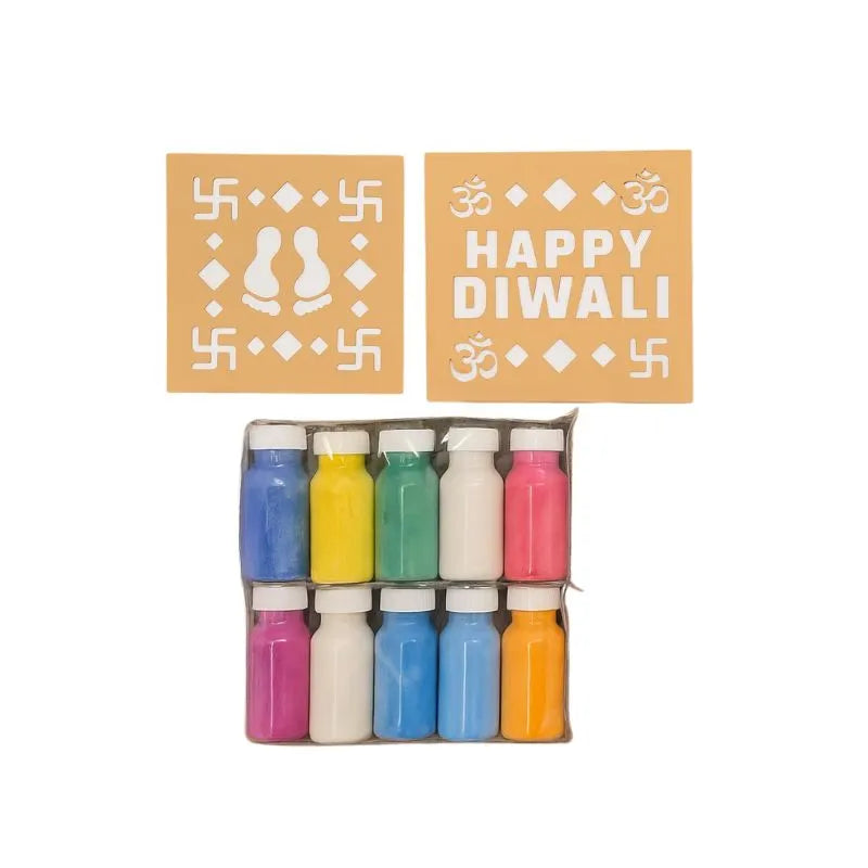 Puja Greh Rangoli Set - Stencil 2pcs & 10 Colour Bottles-Global Food Hub