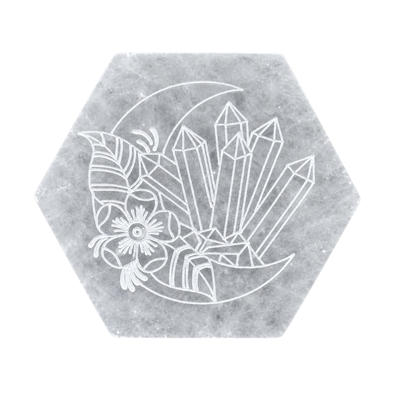 Selenite Hexagon Energy Coaster with Engraved Crystals & Floral Design-Global Food Hub