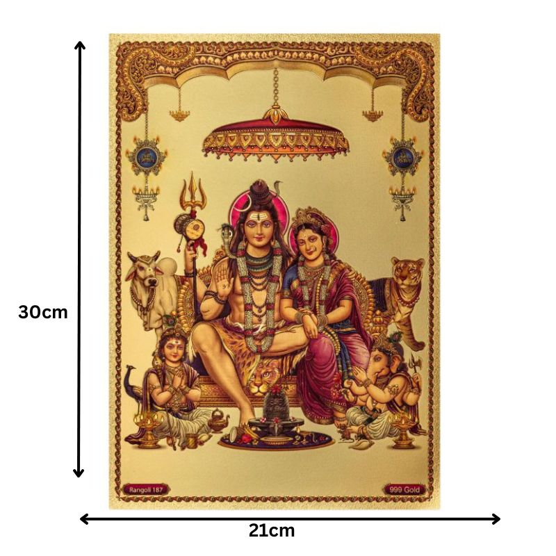 Shiv Parvti Parivar Gold Foil Poster - 21cm x 30cm-Global Food Hub