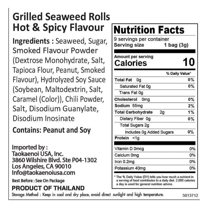 Taokaenoi Big Roll Grilled Seaweed Roll (Spicy Flavour) - 3g-Global Food Hub
