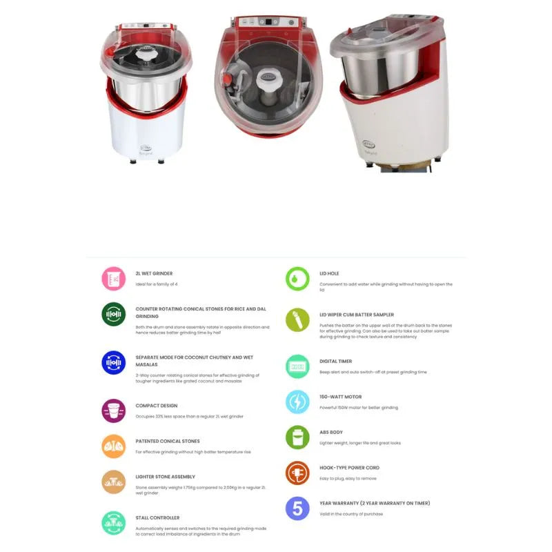 Ultra Fast Wet Grinder- Red 2 Litres-Global Food Hub