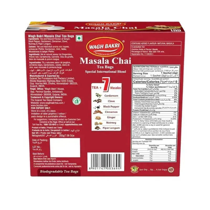 Best Before 30th August 2026 - Wagh Bakri Masala Chai/ Tea bags - 200g / 100 bags-Global Food Hub