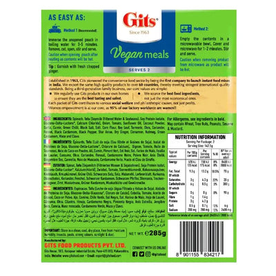Best Before June '25 - GITS RTE Palak Paneer (Tofu) Vegan - 285g-Global Food Hub