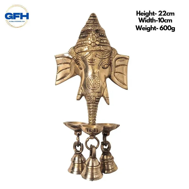 Brass Ganesh 3 Bells Deepak Hanging Wall Decor-Global Food Hub