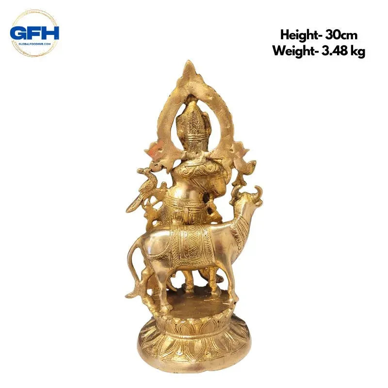 Brass Krishna With Cow Statue-Global Food Hub