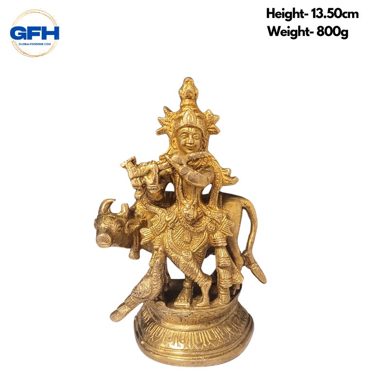 Brass Krishna With Cow Statue-Global Food Hub