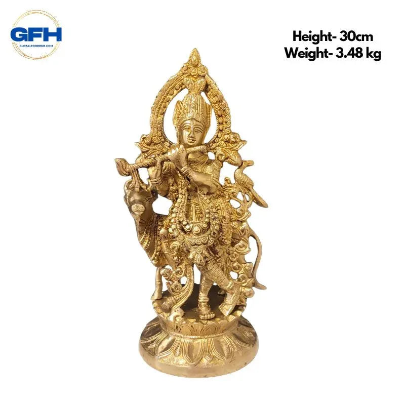 Brass Krishna With Cow Statue-Global Food Hub