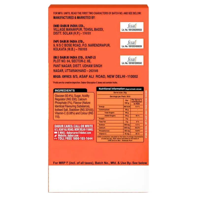 Dabur Glucoplus-C Instant Powder Energy Glucose - Orange 500g-Global Food Hub