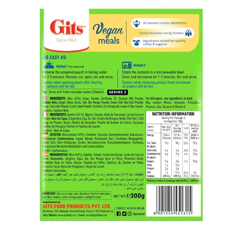 Gits RTE Bhindi Masala (Vegan) - 300g-Global Food Hub