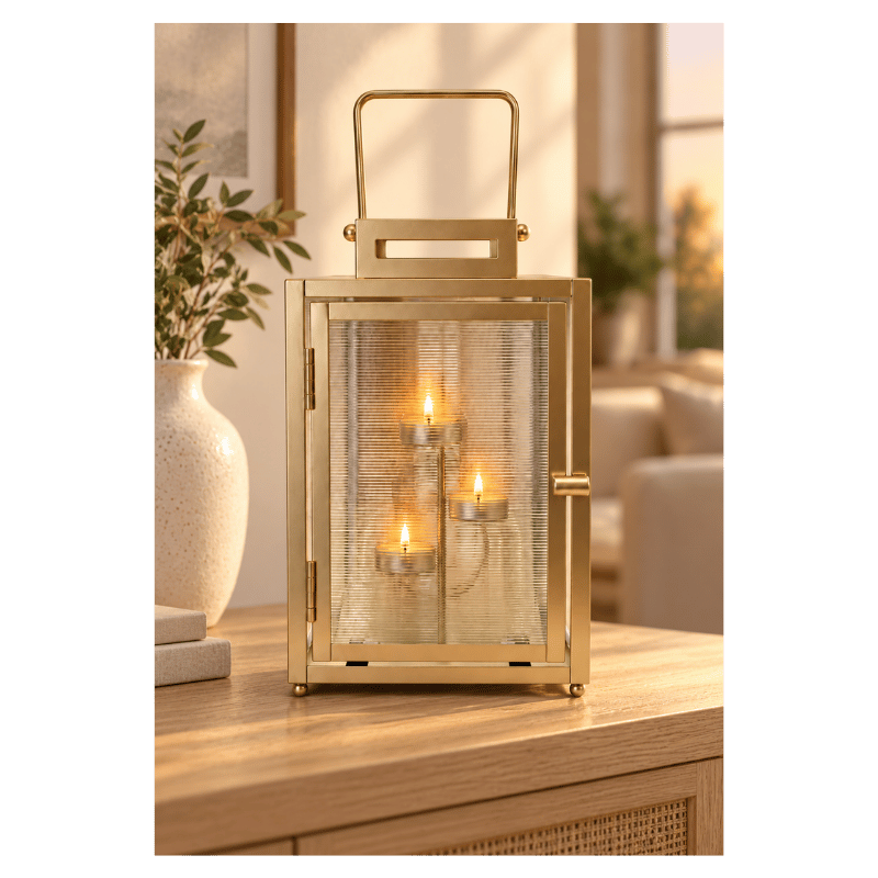 Gold Lantern Candle Holder with Handle – 3 Tealight Holders-Global Food Hub