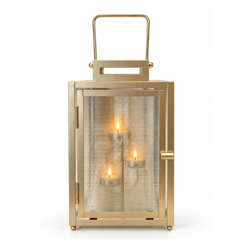 Gold Lantern Candle Holder with Handle – 3 Tealight Holders-Global Food Hub