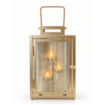 Gold Lantern Candle Holder with Handle – 3 Tealight Holders-Global Food Hub