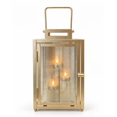 Gold Lantern Candle Holder with Handle – 3 Tealight Holders-Global Food Hub