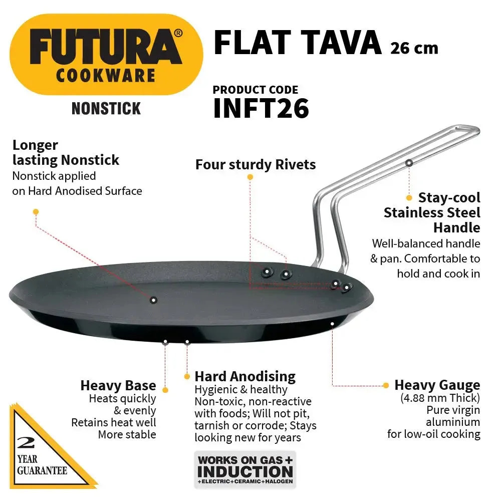 Hawkins Futura 26 cm Flat Tava, Non Stick Tawa with Stainless Steel Handle.-Global Food Hub