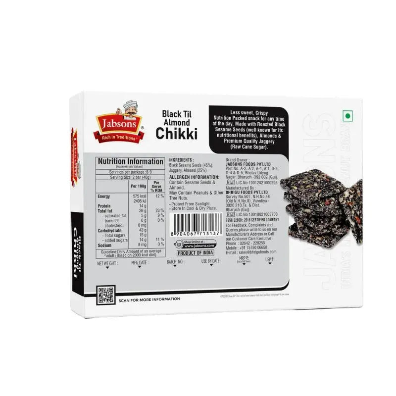 Jabsons Black Til & Almond Chikki - 270g-Global Food Hub