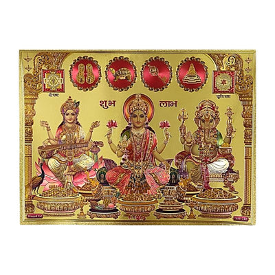 Lakshmi Ganesh Saraswati Gold Foil Poster A - 21cm x 30cm-Global Food Hub