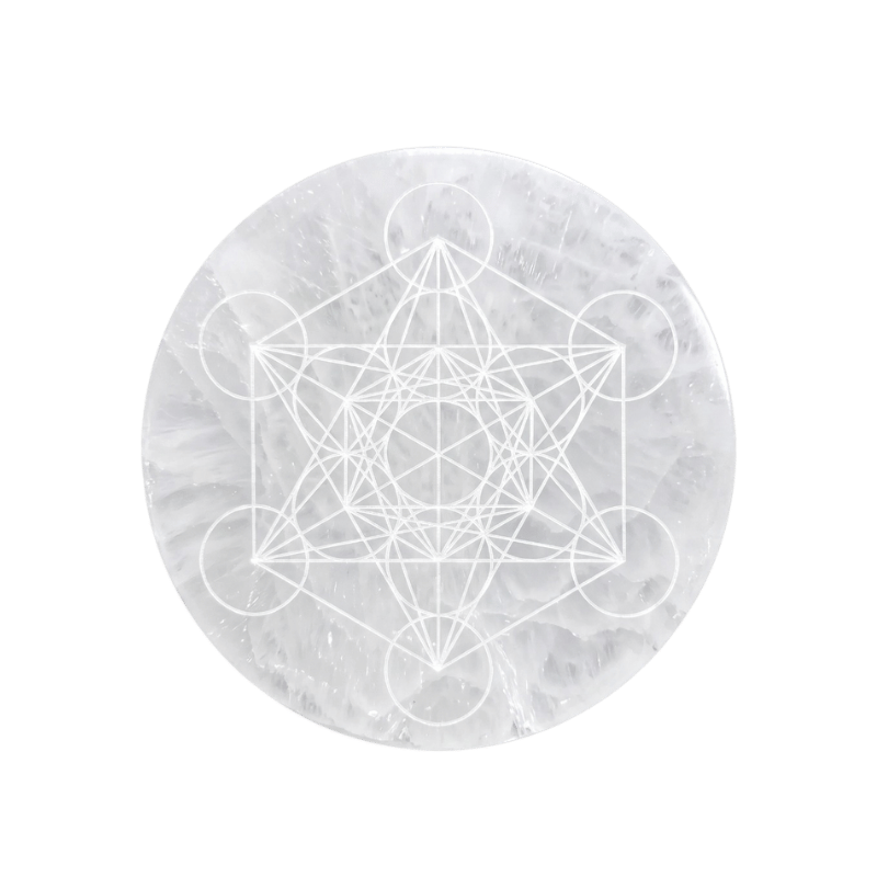 Natural Selenite Crystal Charging Plate with Metatron’s Cube Sacred Geometry-Global Food Hub
