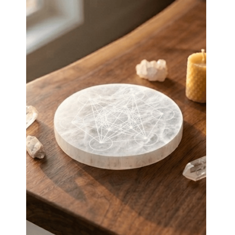 Natural Selenite Crystal Charging Plate with Metatron’s Cube Sacred Geometry-Global Food Hub