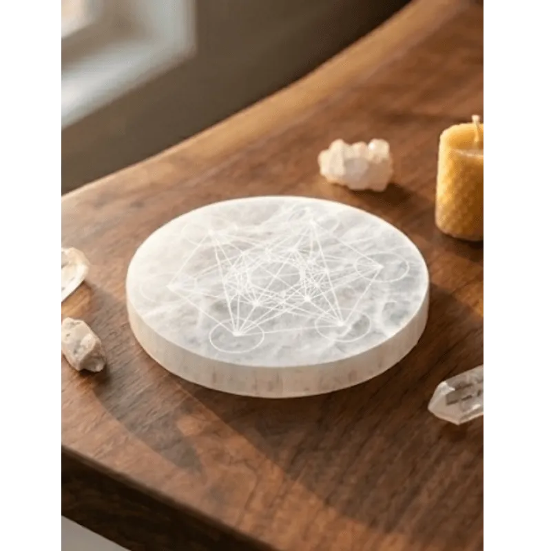 Natural Selenite Crystal Charging Plate with Metatron’s Cube Sacred Geometry-Global Food Hub