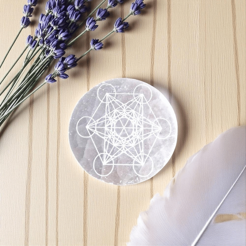 Natural Selenite Crystal Charging Plate with Metatron’s Cube Sacred Geometry-Global Food Hub