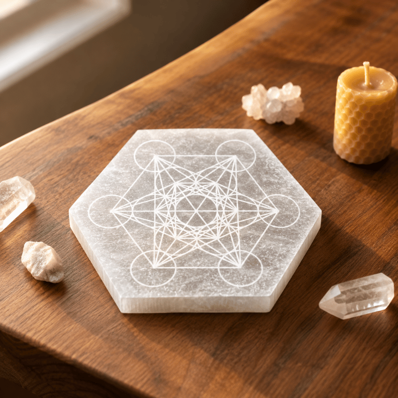Natural White Selenite Hexagon Plate – Metatron’s Cube Engraved-Global Food Hub