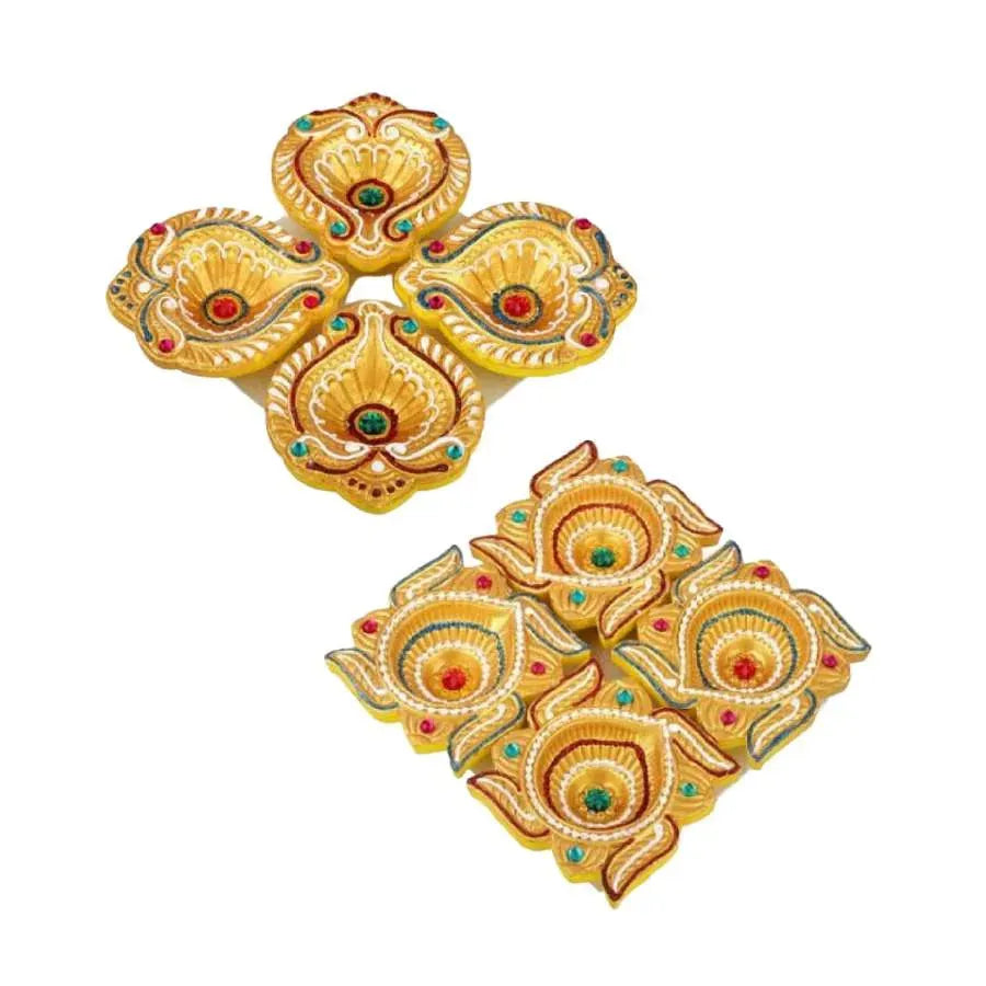 Premium Diya Yellow and Stones (Pack of 4) No. 2A - Designs may vary-Global Food Hub