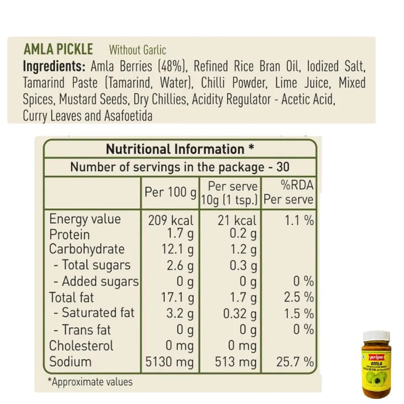 Priya Amla Pickle without Garlic - 300g-Global Food Hub