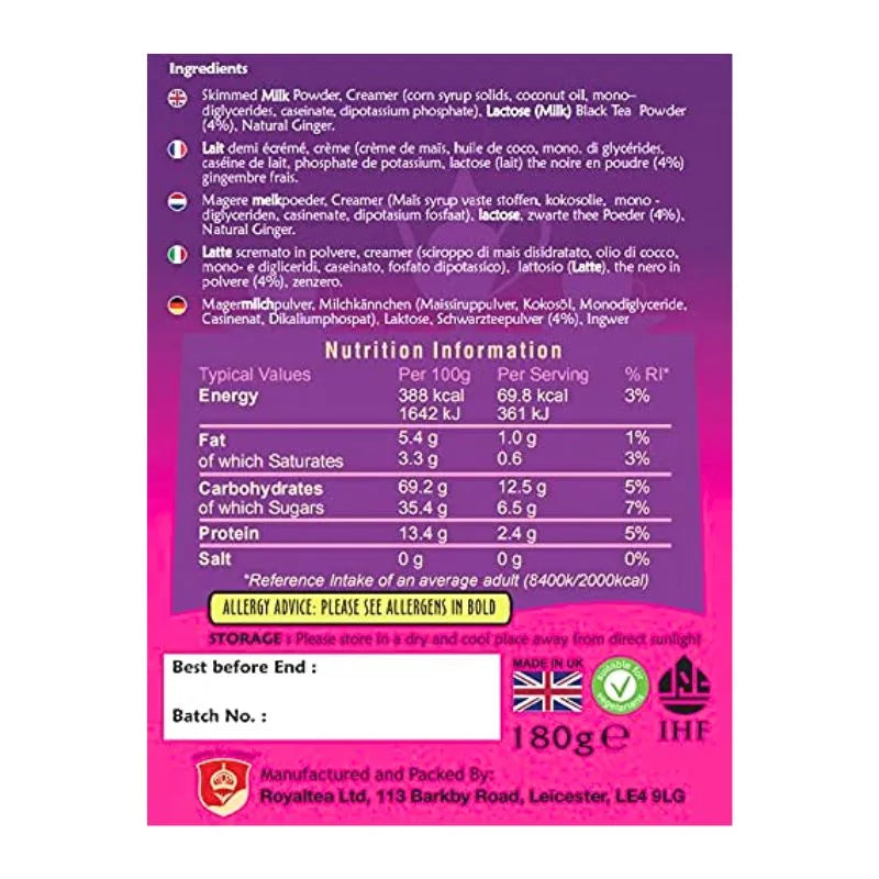 ROYAL CHAI Ginger Instant Masala Indian Tea - Unsweetened - 180g-Global Food Hub