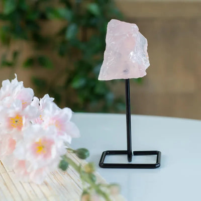 Raw Rose Quartz Gemstone on a Metal Stand for Love (12cm Approx)-Global Food Hub
