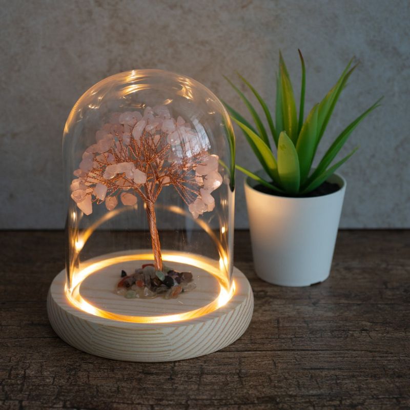 Rose Quartz "Love" Gemstone Tree with Mixed Tumbled Stones in Glass with Light-Global Food Hub
