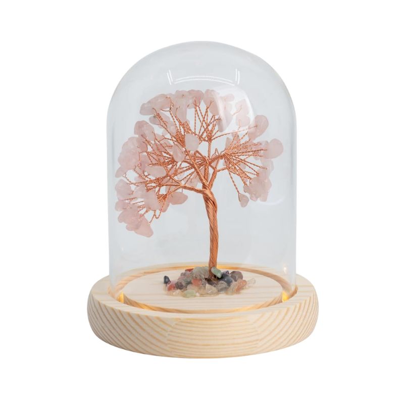 Rose Quartz "Love" Gemstone Tree with Mixed Tumbled Stones in Glass with Light-Global Food Hub