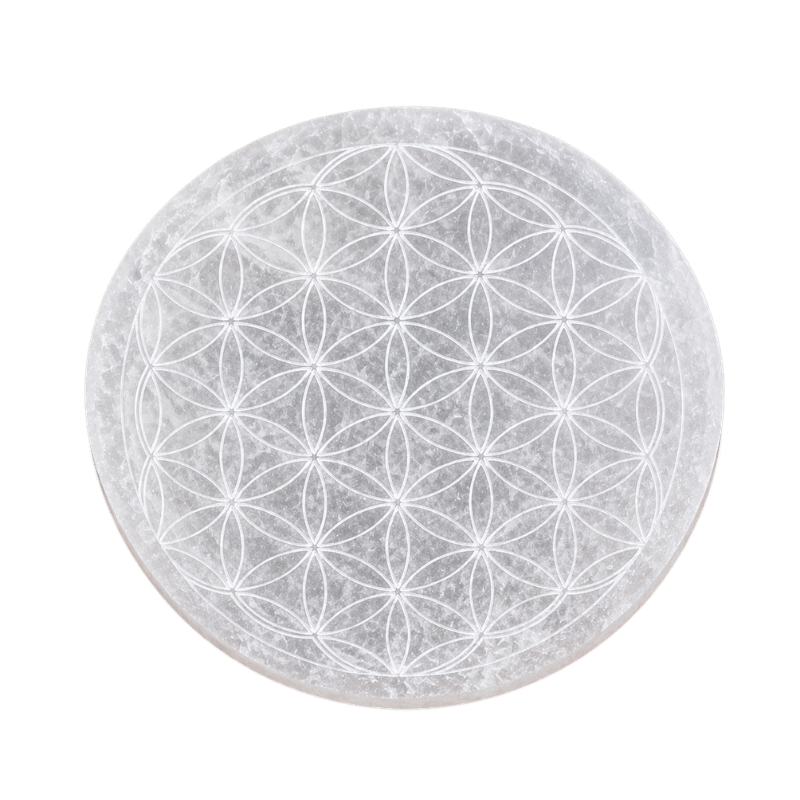 Round Selenite Crystal Plate with Flower of Life Engraving-Global Food Hub