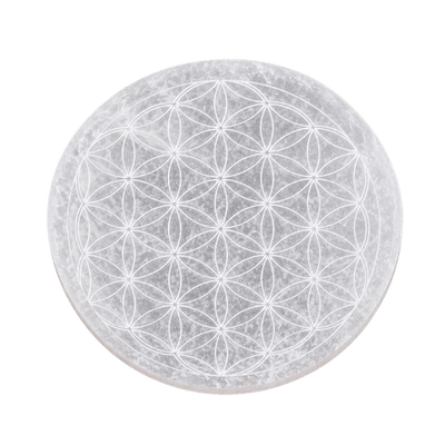 Round Selenite Crystal Plate with Flower of Life Engraving-Global Food Hub