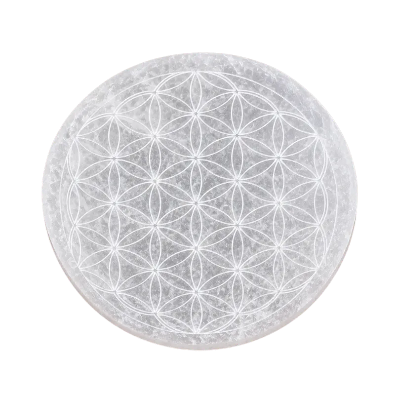 Round Selenite Crystal Plate with Flower of Life Engraving-Global Food Hub
