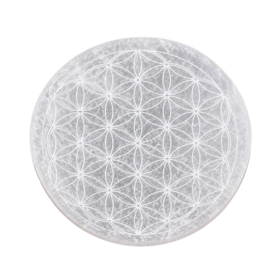 Round Selenite Crystal Plate with Flower of Life Engraving-Global Food Hub