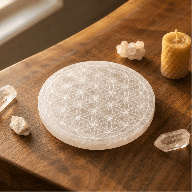 Round Selenite Crystal Plate with Flower of Life Engraving-Global Food Hub