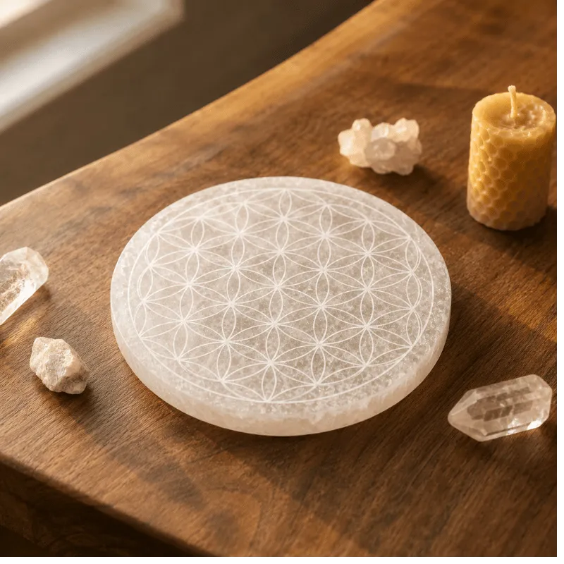 Round Selenite Crystal Plate with Flower of Life Engraving-Global Food Hub