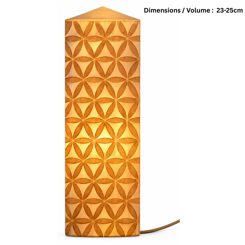 Selenite Engraved Flower Of Life – Obelisk/Point Lamp-Global Food Hub